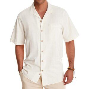 Men's Creamy White Linen Shirts Short Sleeve‎ Button Down Summer Cotton Shirts